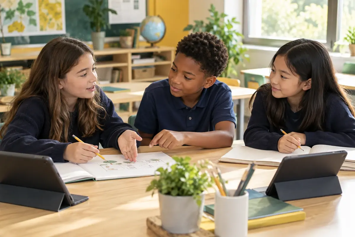 Illustration of students explaining ideas to one another