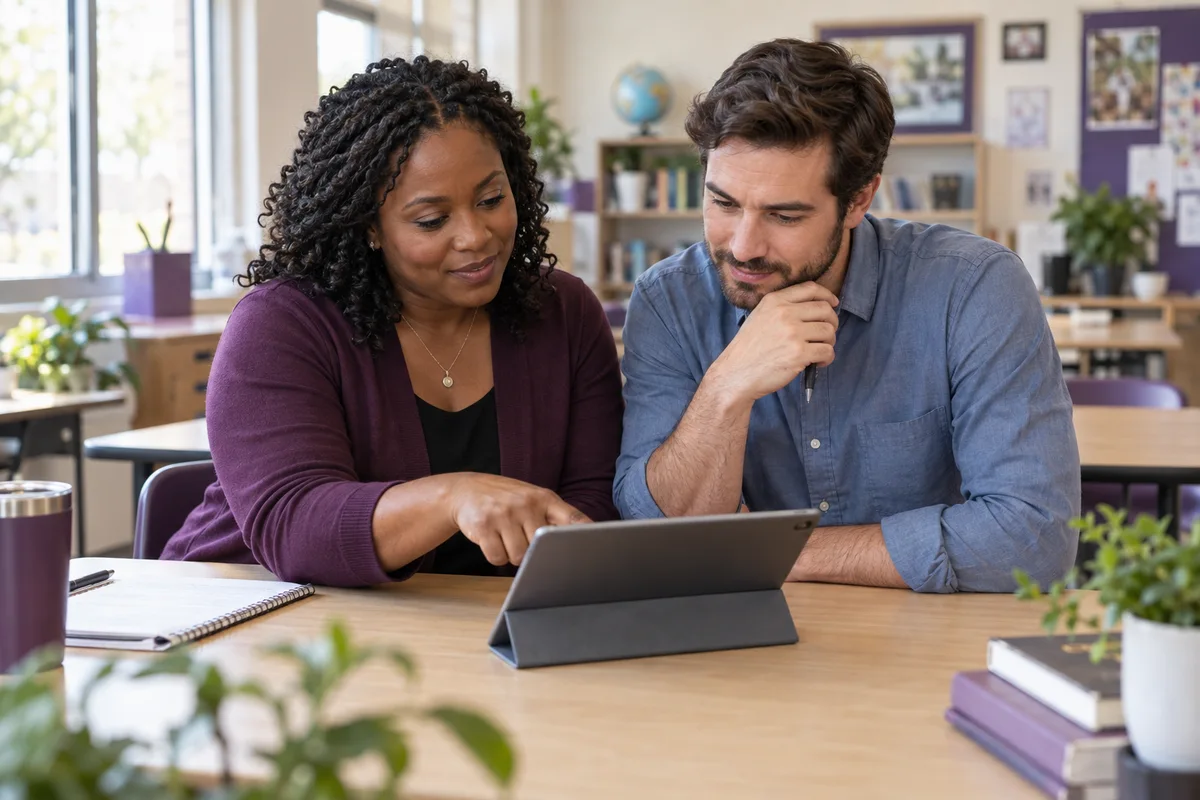 Illustration of two educators reviewing a coaching action