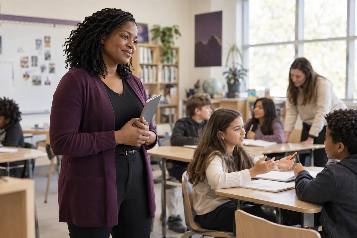 Illustrative classroom scene: a coach observes a partner discussion with a tablet in hand.